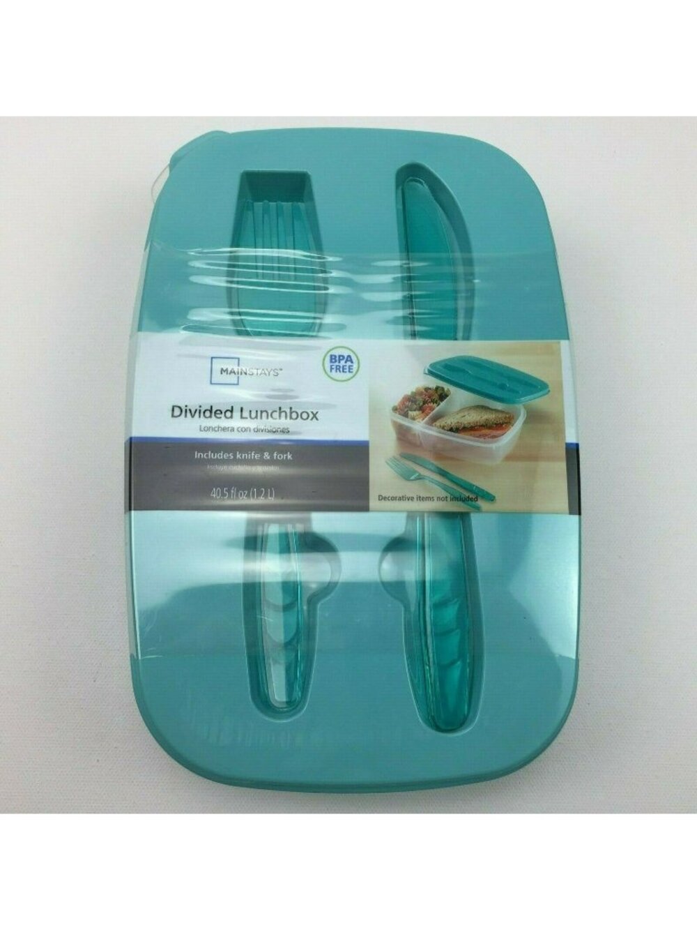 Divided Lunch Box Food Container Fork & Knife BPA Free Teal Lid Turquoise